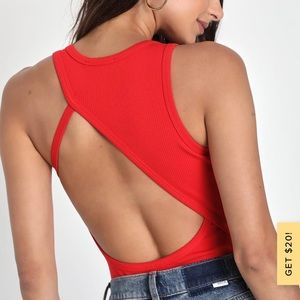 NWT Lulus Tempting Cutie Bright Red Ribbed Strappy Backless Bodysuit